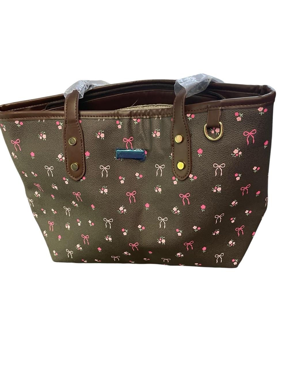 Women's Brown Bow & Floral Print Tote Bag